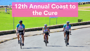3 people riding bikes along the coast with the title "12th Annual Coast to the Cure"