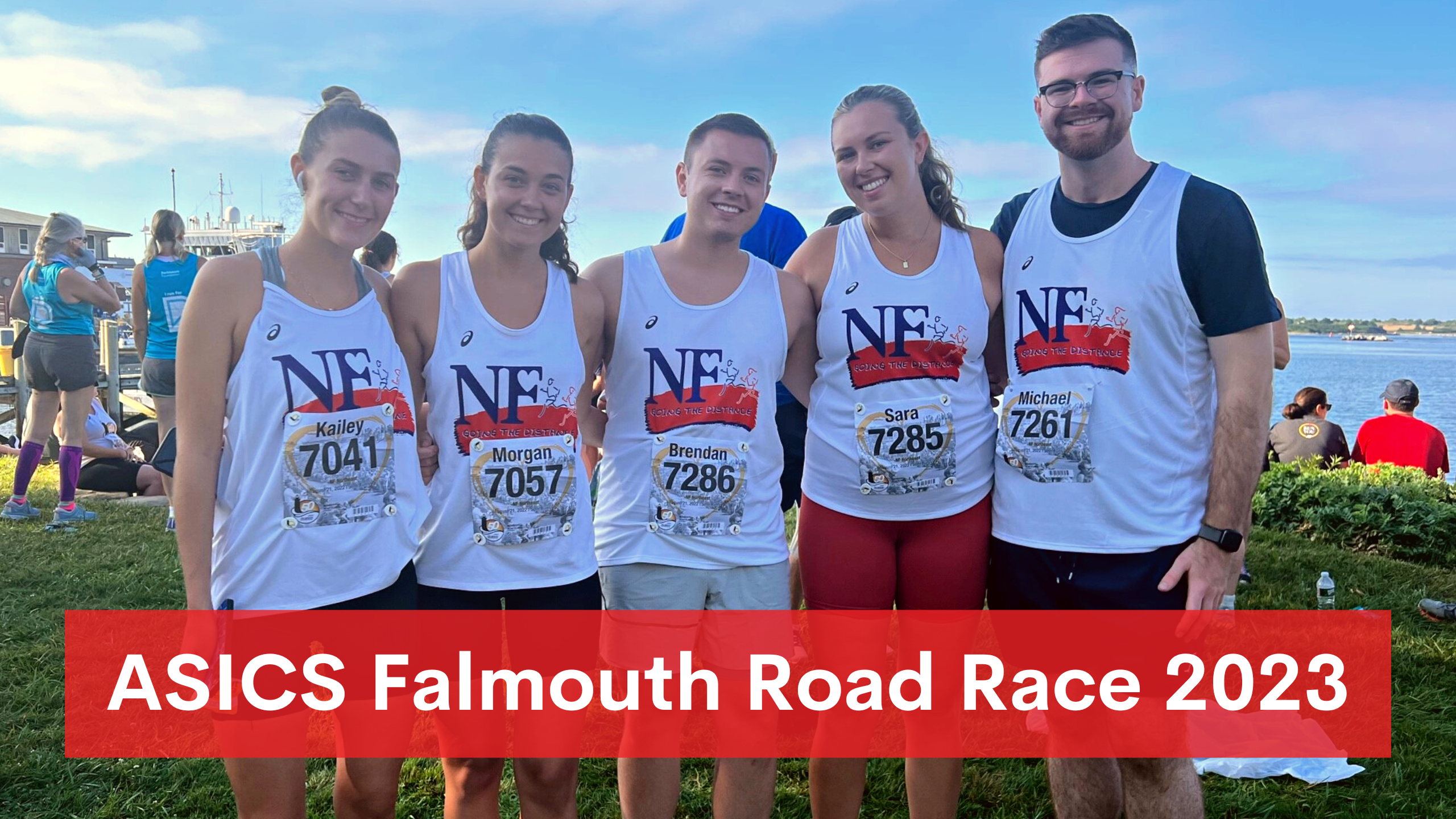 5 people posing for a picture after running titled "ASICS Falmouth Road Race 2023"