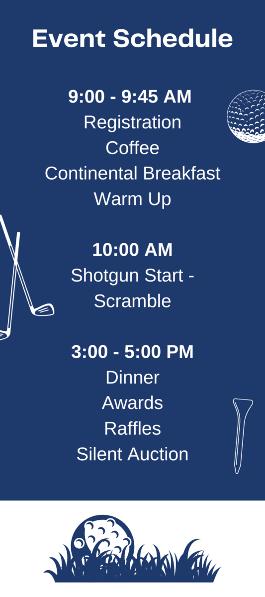 outline of event schedule on a dark blue background with golf graphics