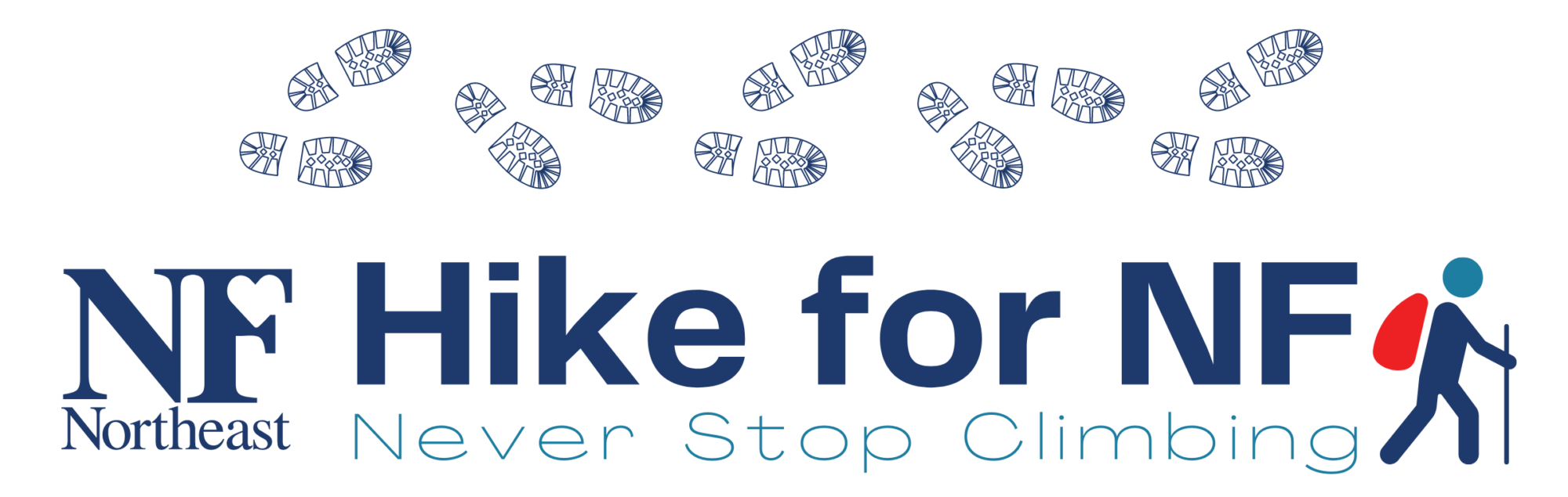 banner that reads "Hike for NF" with graphic motif of hiking boot foot prints and a hiker with a backpack