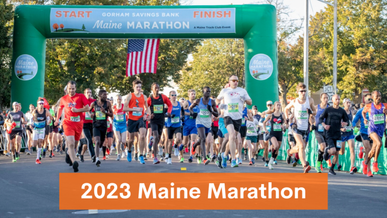 image of runners leaving the start line at the Maine Marathon with "2023 Maine Marathon" overlay title