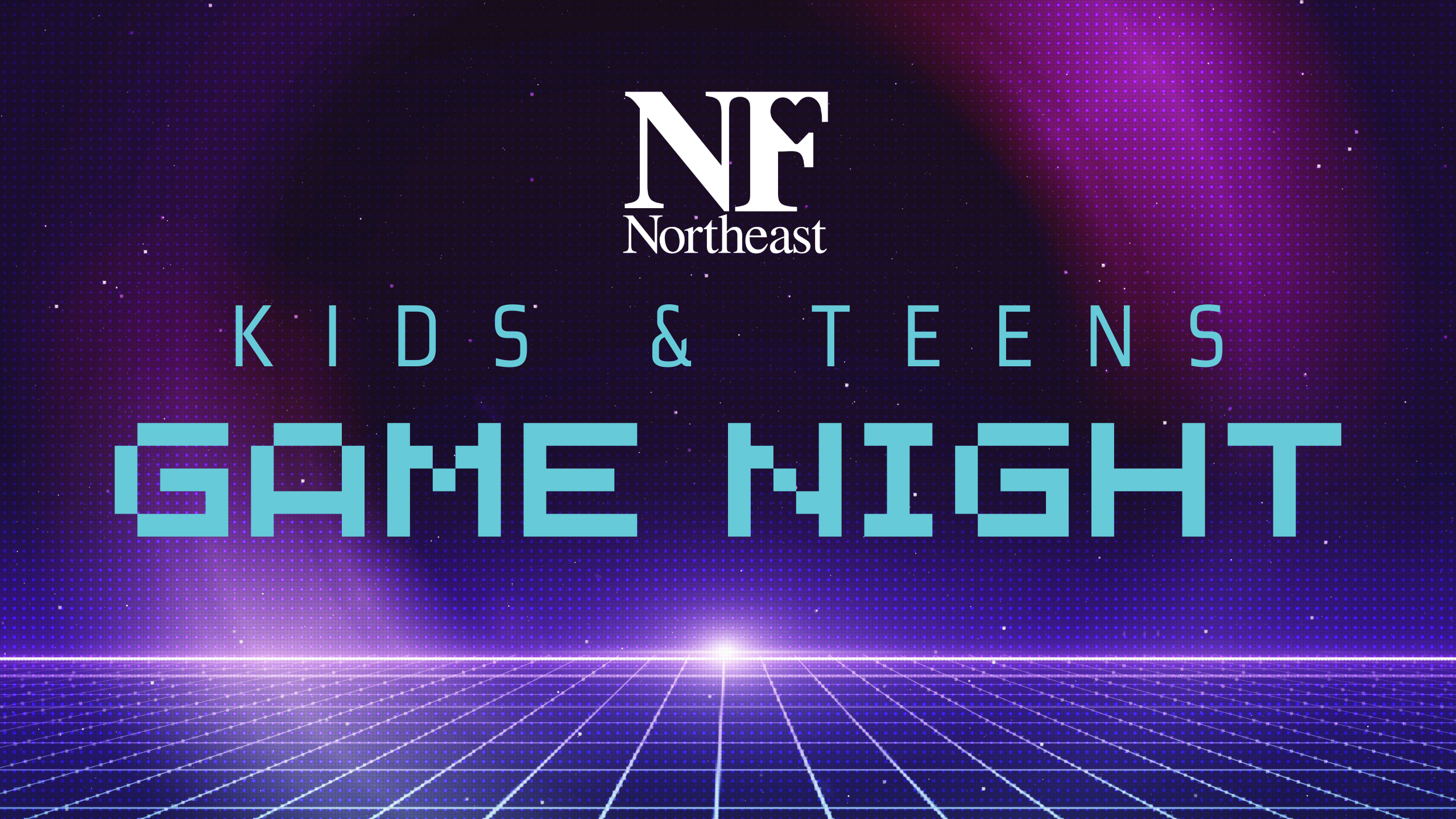 purple gaming background with "kids & teens game night" title