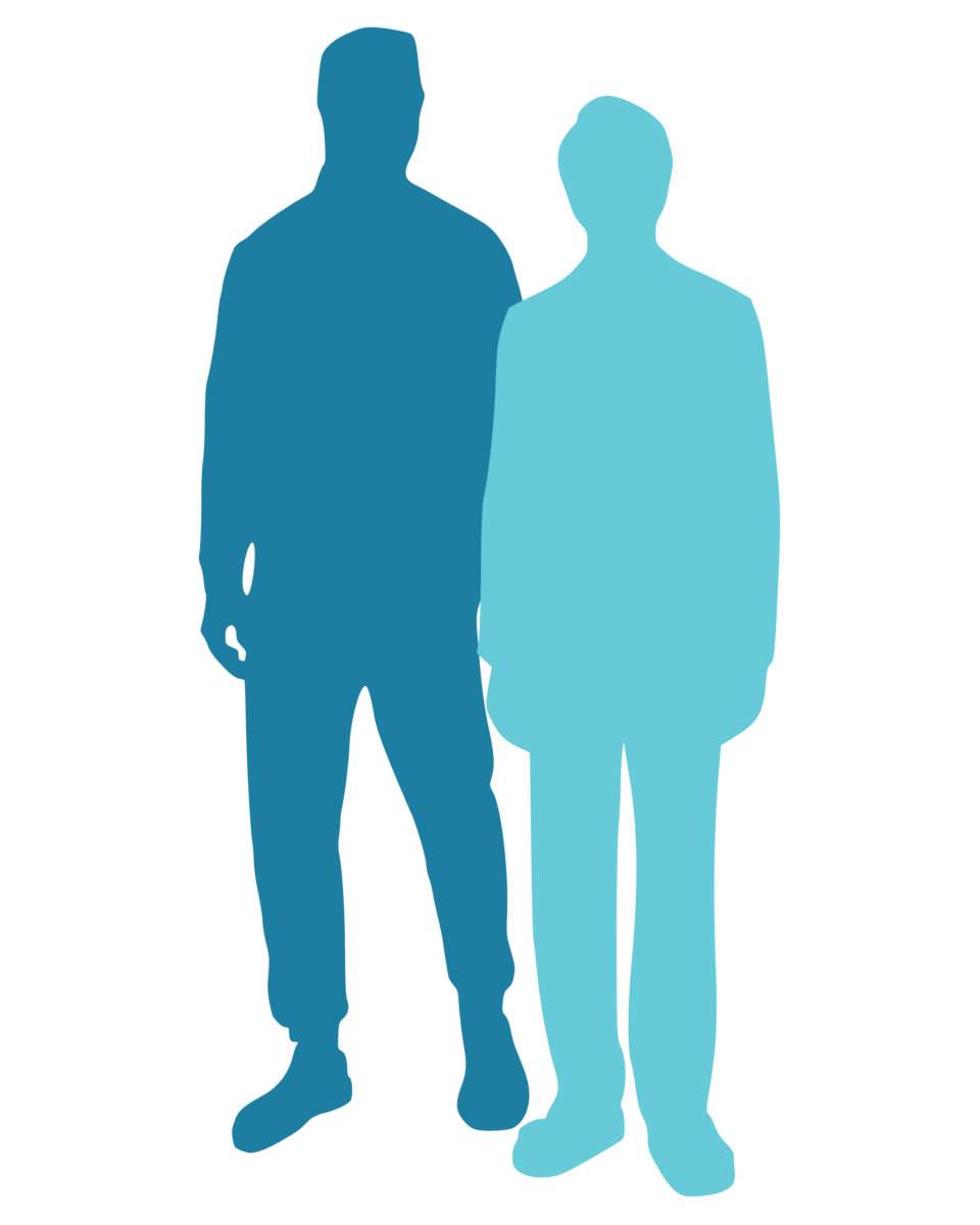 A graphic depicting the illustrated silhouette of two men standing next to each other; one is light blue and one is teal